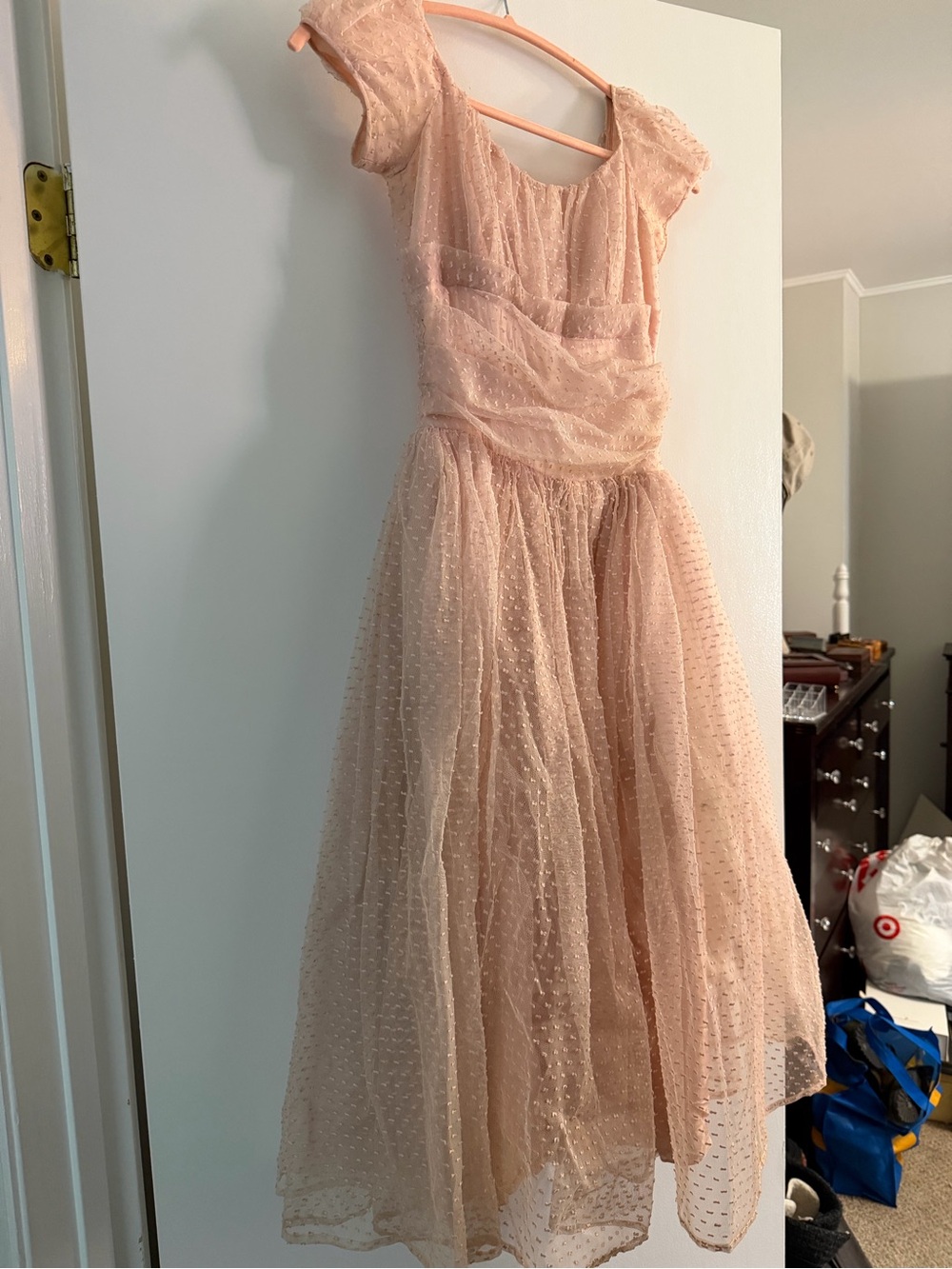 Vintage probably 1960’s Peach Dot Mesh Midi Dress
